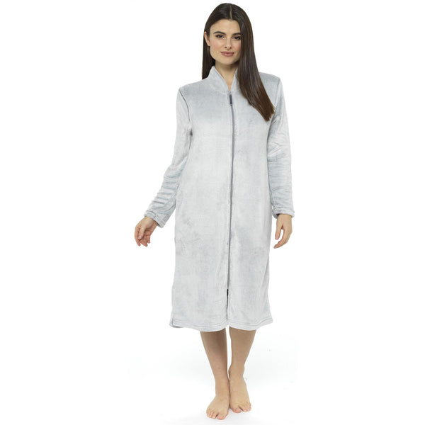 Ladies Dressing Gown Fluffy Bathrobe Women Zip Through Full Length House Coat