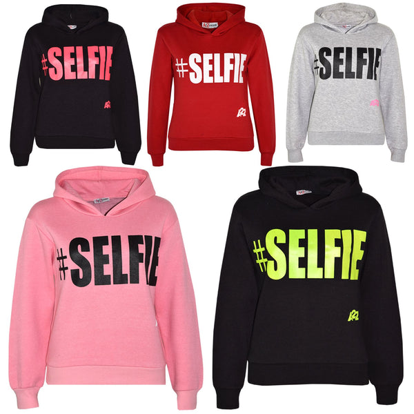 Kids Girls Boys Sweat Shirts Tops #Selfie Hooded Jumpers Hoodies New Age 2-13 Yr
