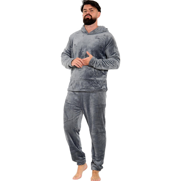 Mens Pyjamas Soft Warm Fleece Adults Hooded Pyjamas 2 Piece Gift Set For Mens