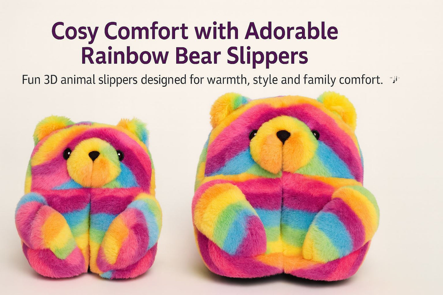 Kids Girls Womens 3D Rainbow Bear Slippers Cute Animal Face Soft Plush Warm Shoe