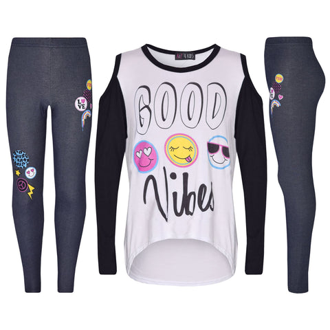 Girls Top Kids Good Vibes & Emojis Print T Shirt Tops & Jegging Set 7-13 Years