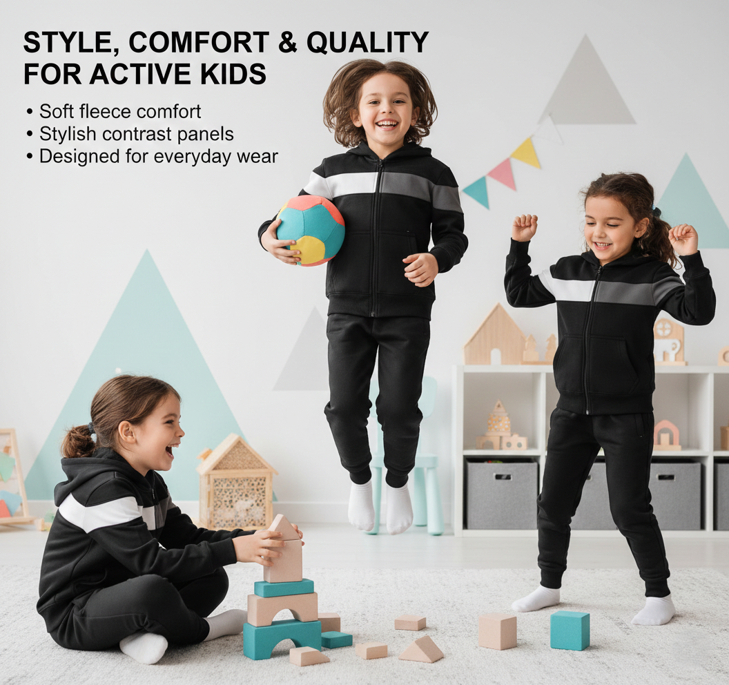 Kids Girls Boys Tracksuit Contrast Panelled Hoodie & Bottom Jogging Suits
