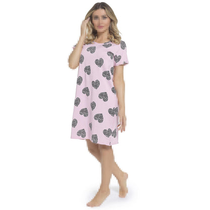 A2Z Ladies Cotton Nightie Pink Short Sleeve Dress with Leopard Heart Print