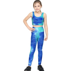 Girls Honeycomb Blue Leggings Crop Top Vest Dance Yoga Exercise High Waist Set