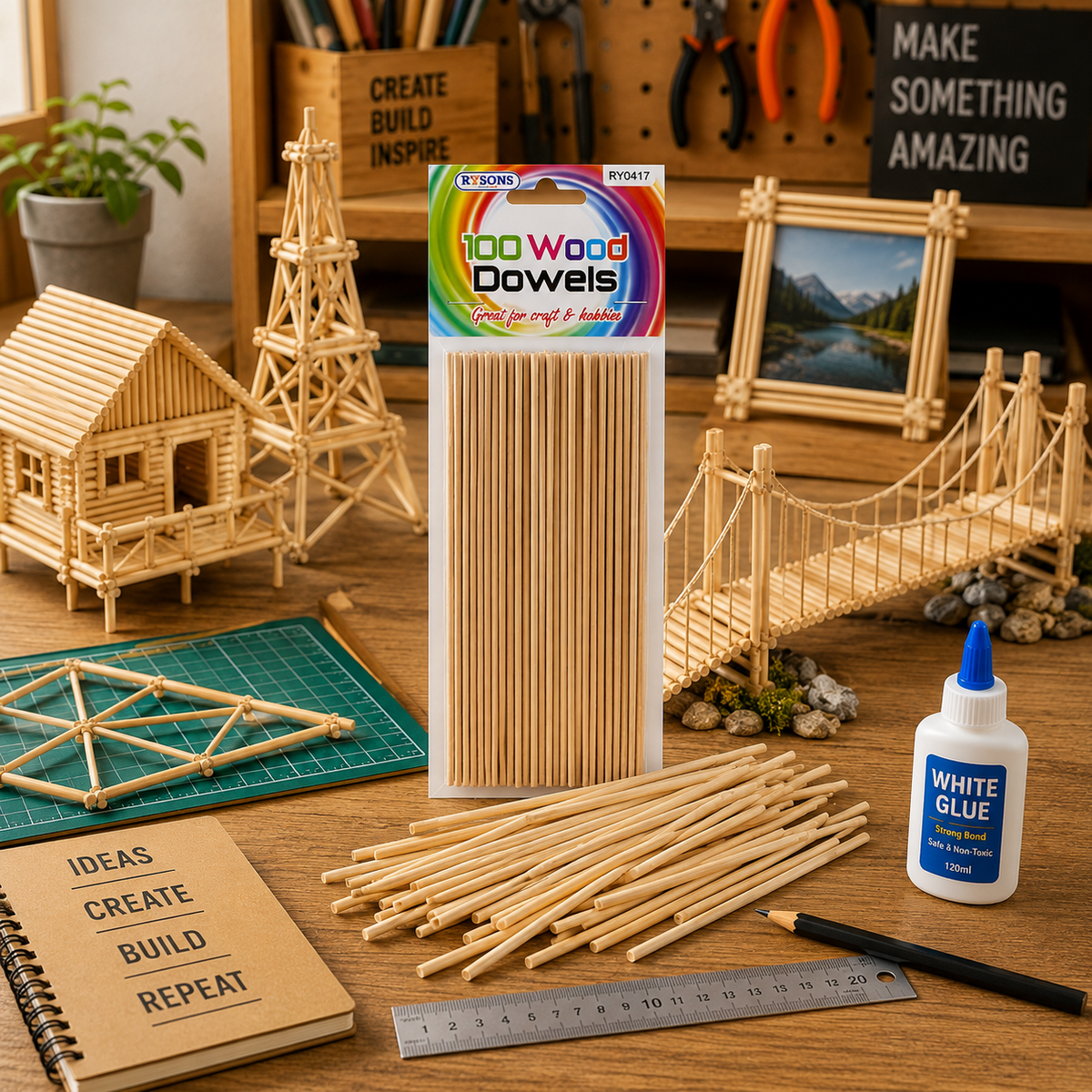A2Z Wooden Dowels Craft Rods Natural Timber Sticks For Diy Hobby Projects