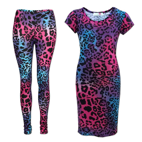 Kids Girls Midi Dress Multi Leopard Print Party Fashion Leggings Age 7-13 Years