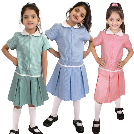 Kids Girls 2 Pack Uniform School Zip Up Gingham Dress With Matching Scrunchies