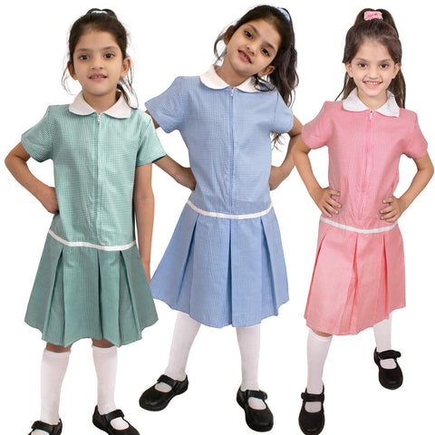 Kids Girls 2 Pack Uniform School Zip Up Gingham Dress With Matching Scrunchies