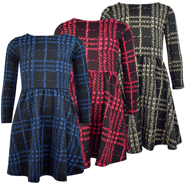 Kids Girls Skater Dress Long Sleeve Tartan Flared Party Summer Dresses 5-13