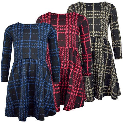 Kids Girls Skater Dress Long Sleeve Tartan Flared Party Summer Dresses 5-13