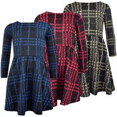 Kids Girls Skater Dress Long Sleeve Tartan Flared Party Summer Dresses 5-13