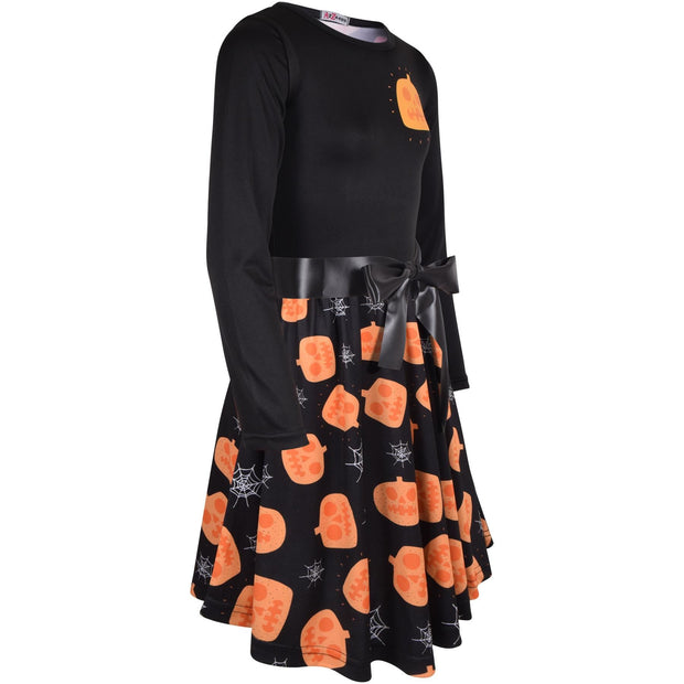 A2Z Kids Girls Skater Dress Long Sleeves Black Panelled Pumpkins Print Soft Comfortable Halloween Party Fashion Dresses Age 5-13 years - A2Z 4 Kids