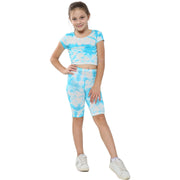 A2Z 4 Kids Tie Dye Blue Crop Top & Cycling Shorts Set Short Sleeves T Shirt Summer Outfit 2 Piece Activewear Girls Boys Age 5-13 years