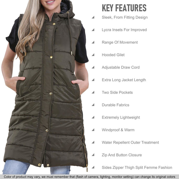 A2Z Ladies Adults Sleeveless Gilet Oversized Hooded Olive Quilted Gilet Padded Long Line Vest Jacket Sleeveless Coat Urban Winter Wear