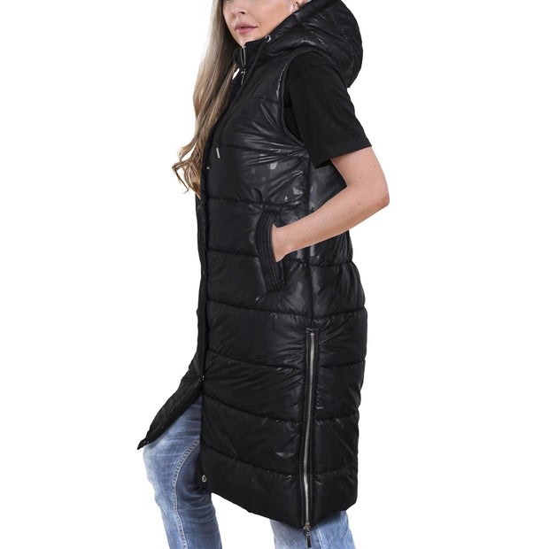 A2Z Ladies Adults Sleeveless Gilet Oversized Camo Black Hooded Quilted Gilet Padded Long Line Vest Jacket Sleeveless Coat Urban Winter Wear