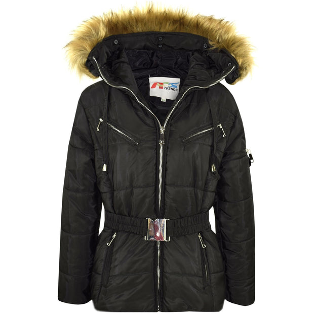 A2Z 4 Kids Kids Girls Jackets Black Puffer Hooded Stylish Detachable Faux Fur Padded Zipped Belted Slim Fit Warm Coats New Age 5 6 7 8 9 10 11 12 13 Years