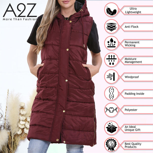 A2Z Ladies Adults Sleeveless Gilet Oversized Hooded Wine Quilted Gilet Padded Long Line Vest Jacket Sleeveless Coat Urban Winter Wear