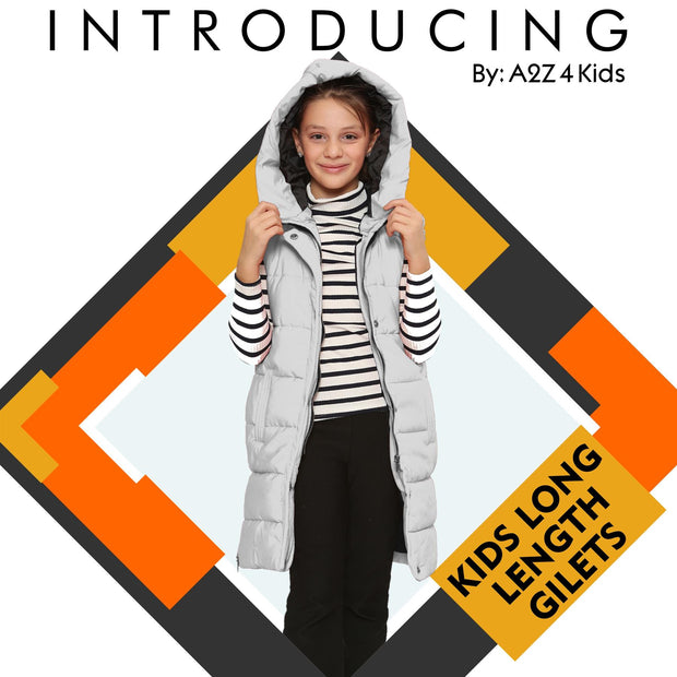 A2Z Kids Girls Down Vest Oversized White Hooded Quilted Gilet Padded Long Line Vest Jacket Long Sleeveless Coat Urban Winter Wear 7 8 9 10 11 12 13 Years