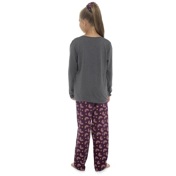 Kids Girls Soft Cotton Twosie Pyjamas With Scrunchie Comfortable Loungewear PJS