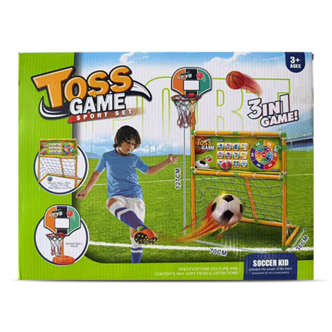 3 in 1 Kids Toss Game Set Basketball Hoop Football Goal Net with Target Boar