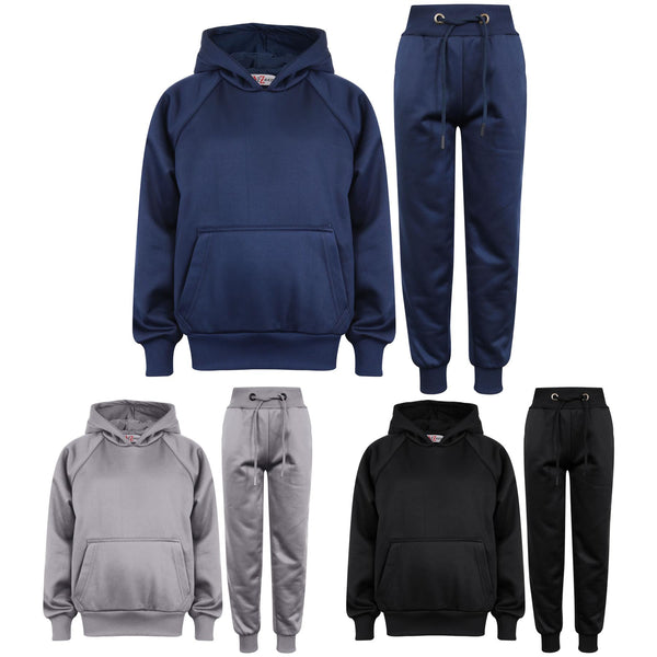 Kids Girls Boys Plain Tracksuit Hooded Sweat Hoodie Bottom Jog Suit Joggers 5-13