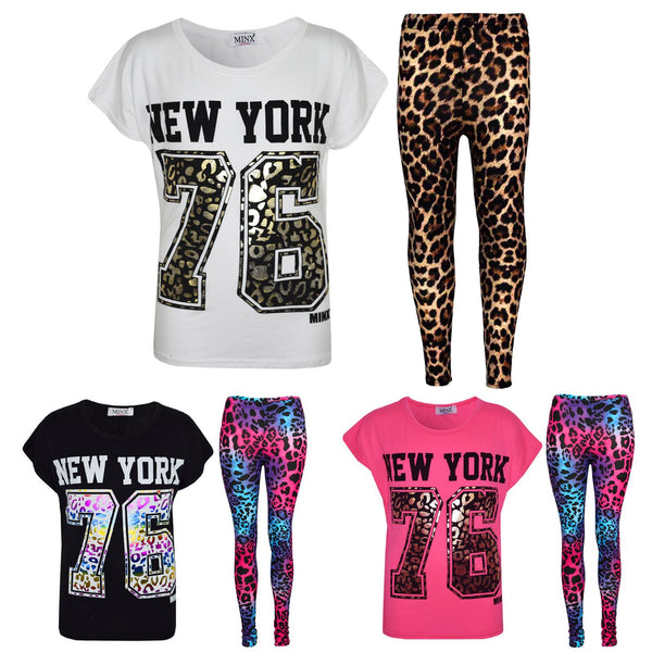 Kids Girls New York 76 Printed Trendy Top & Fashion Legging Set Age 7-13 Years