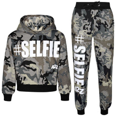 Kids Girls #Selfie Printed Hooded Crop Top & Bottom Jogging Suit