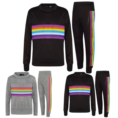 Kids Girls Lounge Suit Rainbow Striped Top Bottom Lounge Wear Tracksuit 7-13 Yr