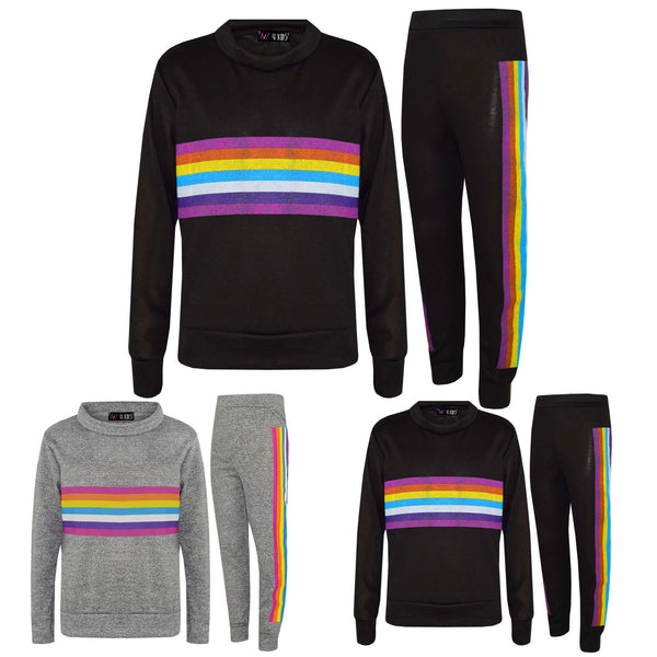 Kids Girls Lounge Suit Rainbow Striped Top Bottom Lounge Wear Tracksuit 7-13 Yr