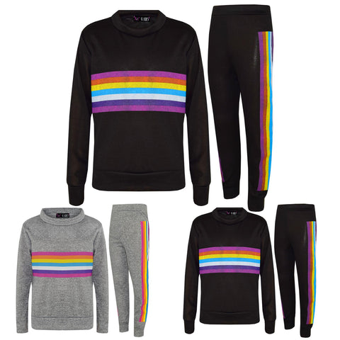 Kids Girls Lounge Suit Rainbow Striped Top Bottom Lounge Wear Tracksuit 7-13 Yr