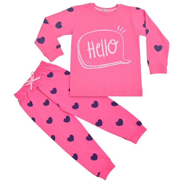 A2Z 4 Kids Girls Hello Print Pyjamas PJs 2 Piece Pink Cotton Set Lounge Suit for Unisex Top Bottom Pyjamas Hello Loungewear Dress Up Outfit Set Gifts for Children & Girls 2-13 Years