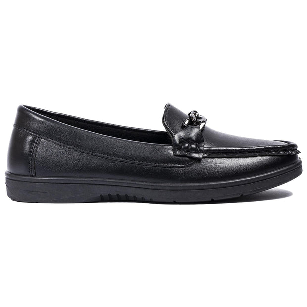 A2Z Kids Girls Women Black PU Leather Chain Decorated Shoes Low Heel School Loafers