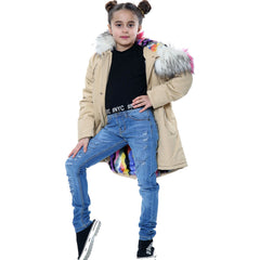 Kids Faux Fur Lined Parka Coat Rainbow Fur Hooded Jacket Girls Boys Age 2-13 Yrs