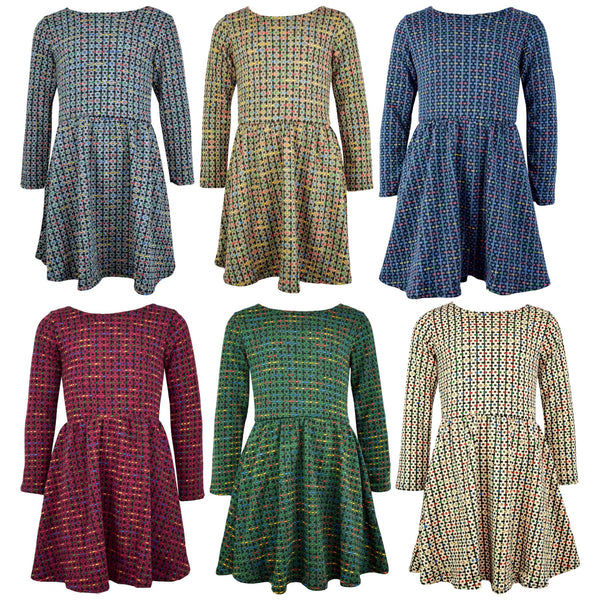 Kids Girls Skater Dress Long Sleeve Tweed Texture Flared Party Summer Dresses