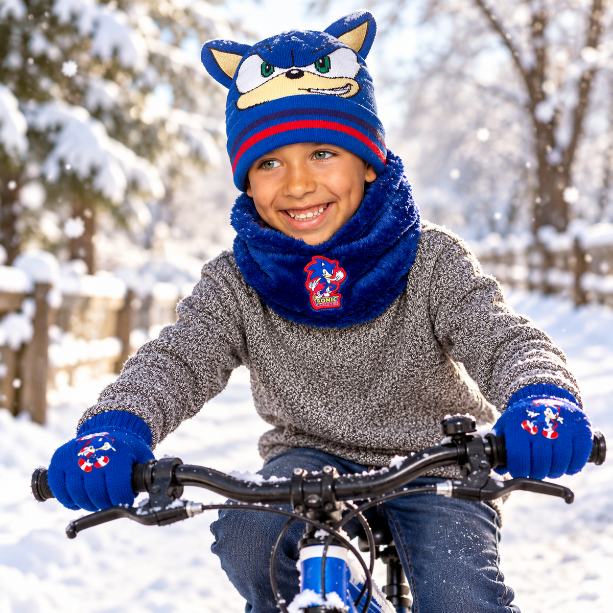 Sonic Boys Hat Gloves Snood Set Royal Blue Winter 3 Piece Officially Licensed