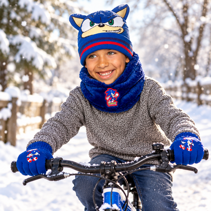 Sonic Boys Hat Gloves Snood Set Royal Blue Winter 3 Piece Officially Licensed