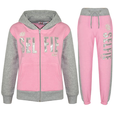 A2Z 4 Kids #SELFIE Tracksuit Sequin Embroidered Baby Pink & Grey Hoodie with Jogger Sweatpants Sports Casual Fashion Activewear Set Girls Boys Childrens Age 5-13 years