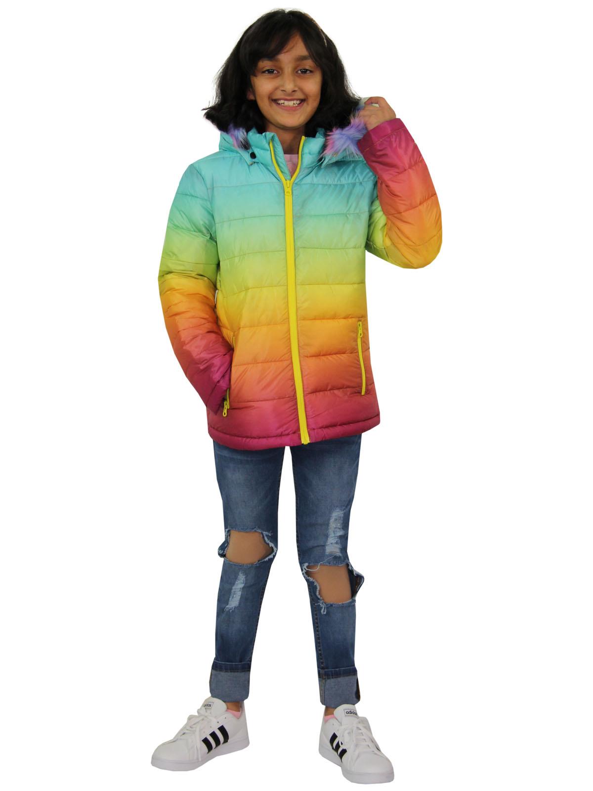 Kids Girls Puffer Jacket Faux Fur Hooded 3D Fade Gradient Padded Thick Warm Coat