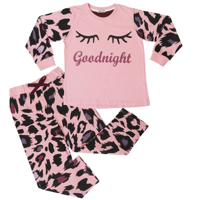 Kids Girls Goodnight Pyjamas Children Baby Pink PJs 2 Piece Leopard Loungewear - A2Z 4 Kids