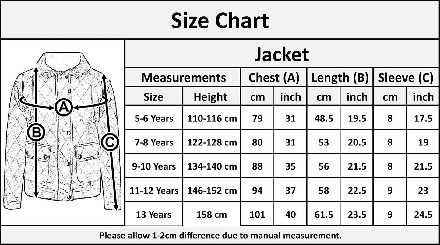 Kids Jackets Girls Quilted Padded Collar Buttoned Zipped Jacket Age 5-13 Years