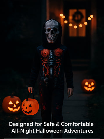 Kids Boys Girls Cyber Skeleton Costume Skull Mask Halloween Fancy Dress Jumpsuit