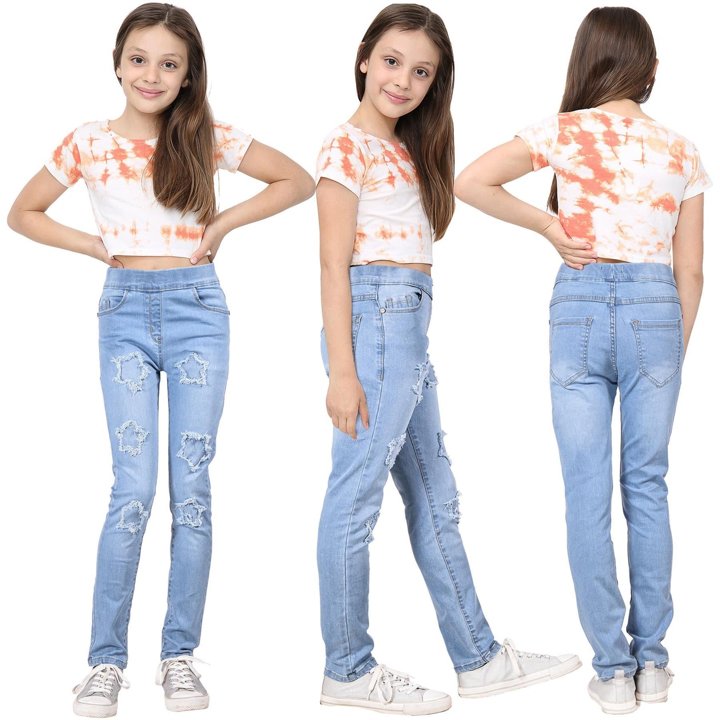Kids Girls Denim Stars Ripped Jeans Comfort Stretchy Skinny Fashion Pants