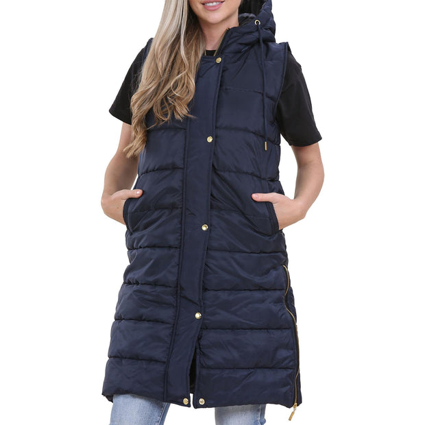 A2Z Ladies Adults Sleeveless Gilet Oversized Hooded Navy Quilted Gilet Padded Long Line Vest Jacket Sleeveless Coat Urban Winter Wear