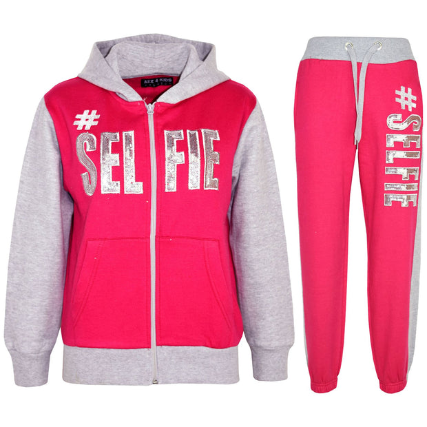 A2Z 4 Kids #SELFIE Tracksuit Sequin Embroidered Pink & Grey Hoodie with Jogger Sweatpants Sports Casual Fashion Activewear Set Girls Boys Childrens Age 5-13 years