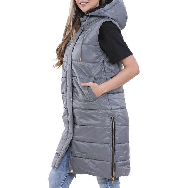 A2Z Ladies Adults Sleeveless Gilet Oversized Hooded Steel Grey Quilted Gilet Padded Long Line Vest Jacket Sleeveless Coat Urban Winter Wear