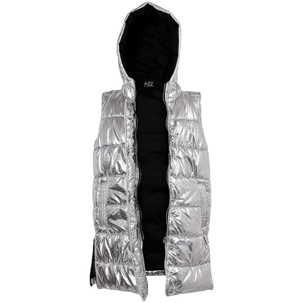 A2Z Ladies Adults Sleeveless Gilet Oversized Hooded Silver Foil Quilted Gilet Padded Long Line Vest Jacket Sleeveless Coat Urban Winter Wear