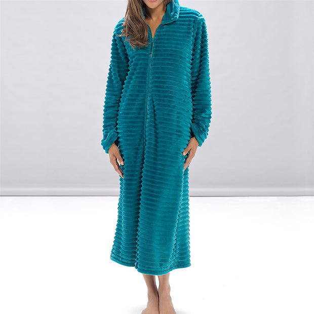 A2Z Women's Zip Through Warm Winter Ribbed Dressing Gown Elegant Ladies Loungewear Zip Up Ribbed Fleece Housecoat Cosy Winter Women's Sleepwear Lounging Robe for Parties