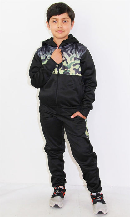 Kids Boys Girls Tracksuit Camouflage Panelled Hooded Top & Bottom Jogging Suits