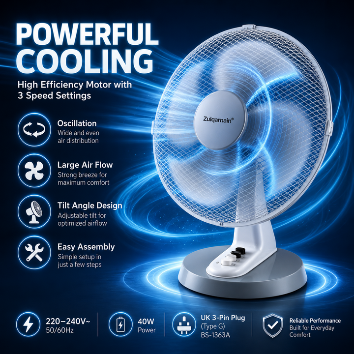12 Inch Desk Fan with Oscillation 3 Speed Settings Tilt Angle Design T ...