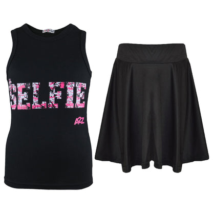Kids Girls Splash Print Vest & Skirt Trendy Fashion Two Piece Vest & Skirts 5-13
